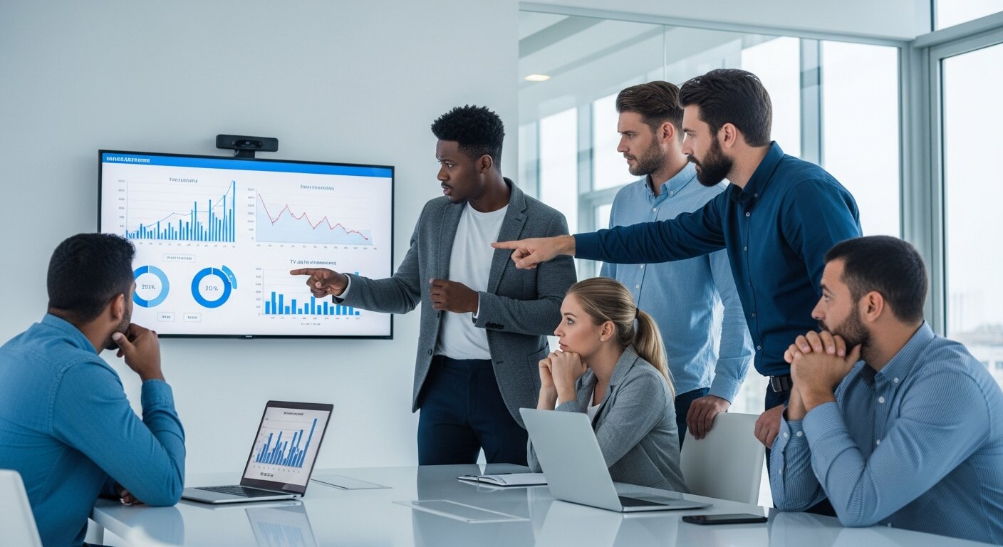 Team analyzing TV advertising challenges on charts