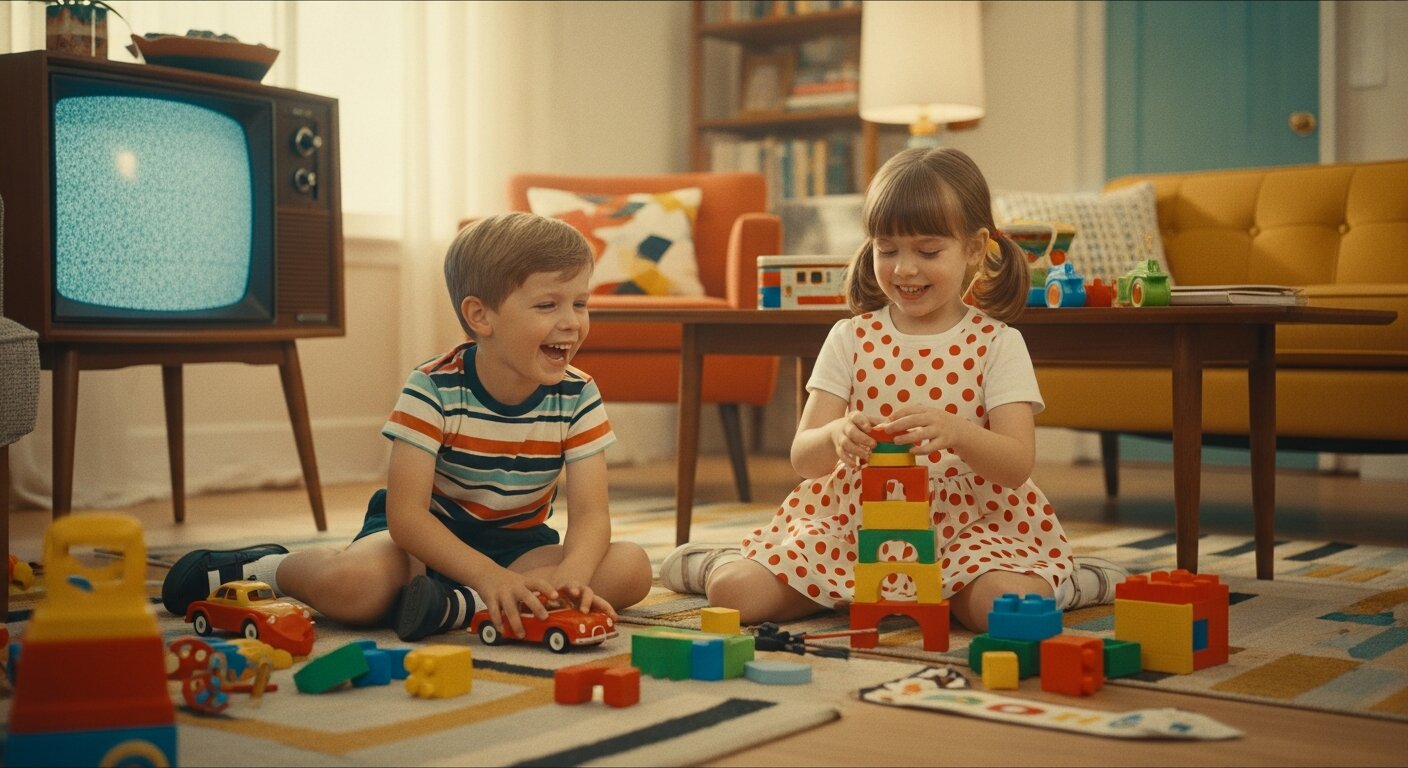 Children playing with toys featured in a classic TV commercial.