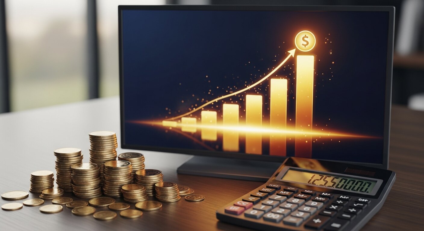 Television ad with coins and calculator representing advertising costs.