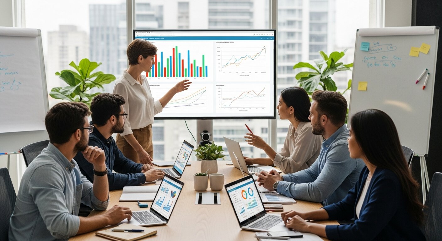 Marketing team analyzing data and planning strategies.