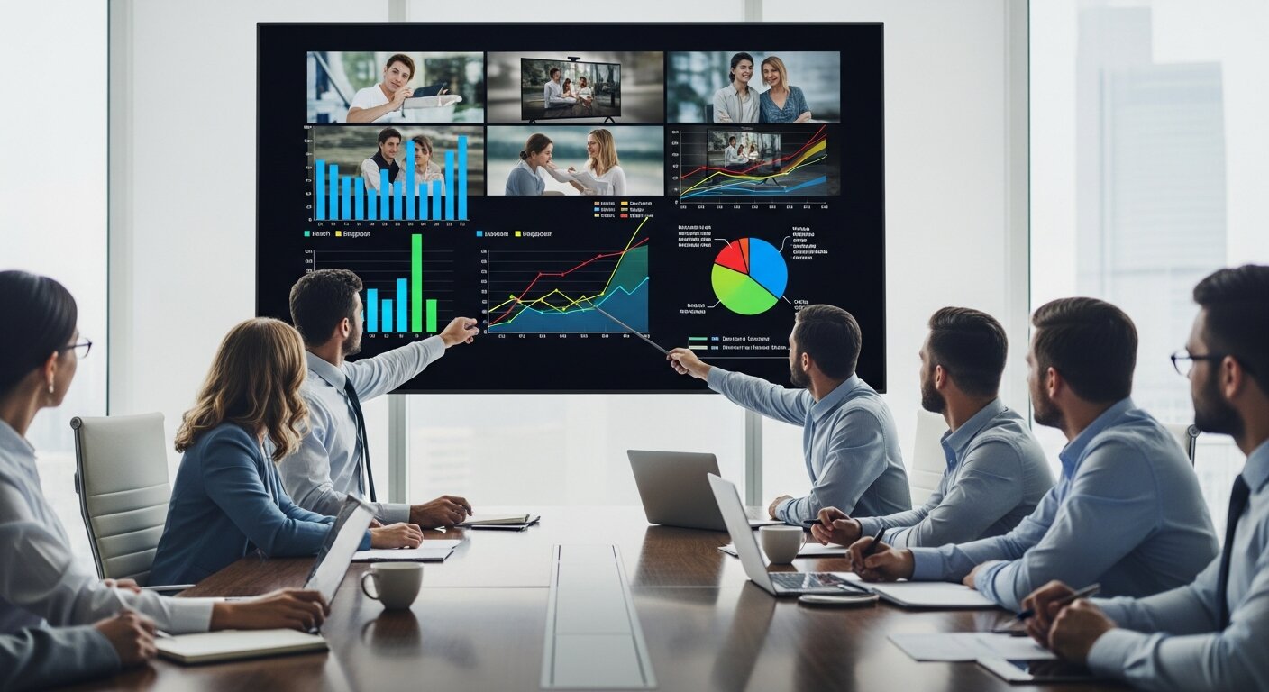 Team reviewing television advertising performance to improve business results.