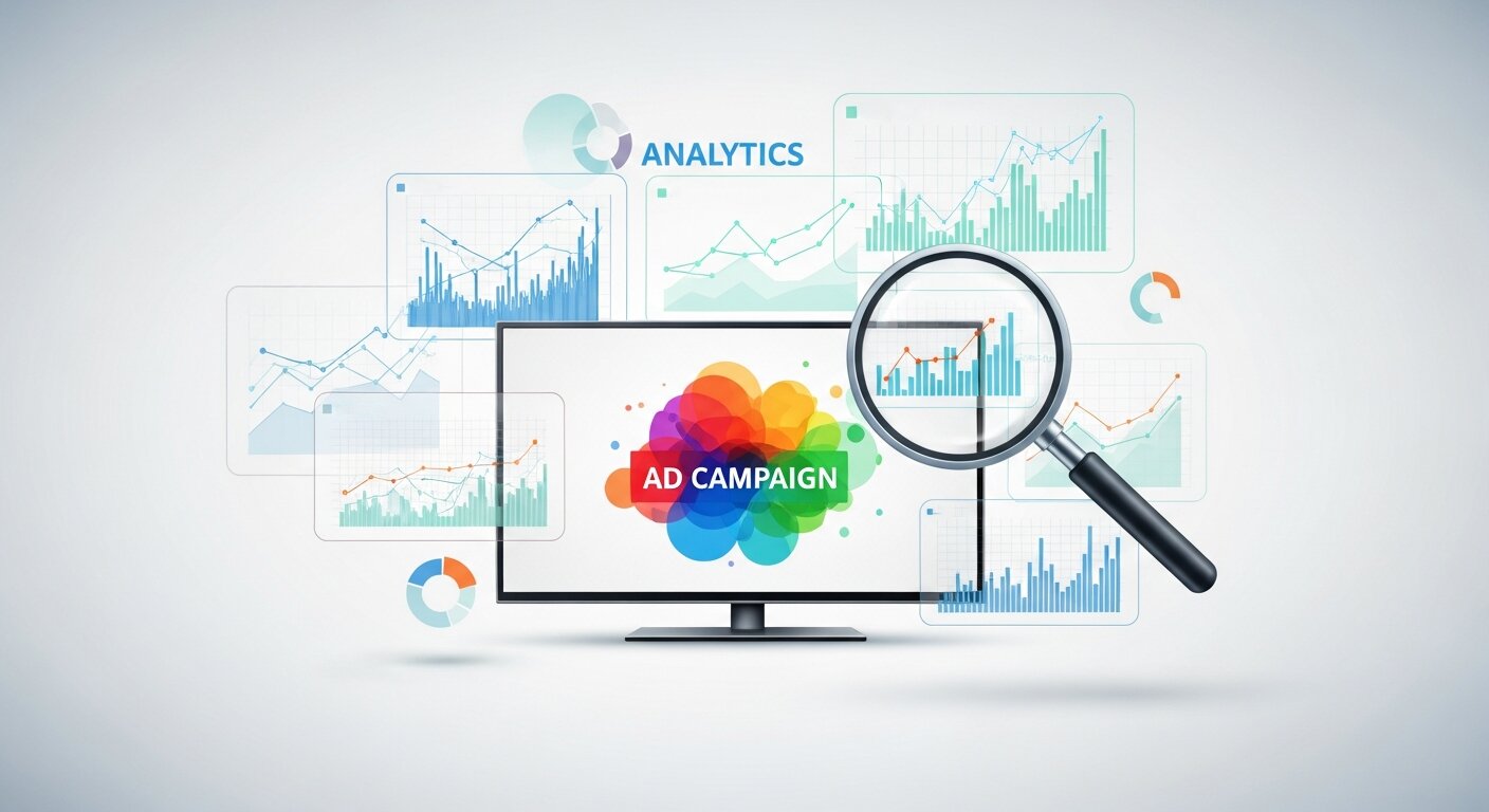 TV with analytics charts and magnifying glass representing measuring advertising success.