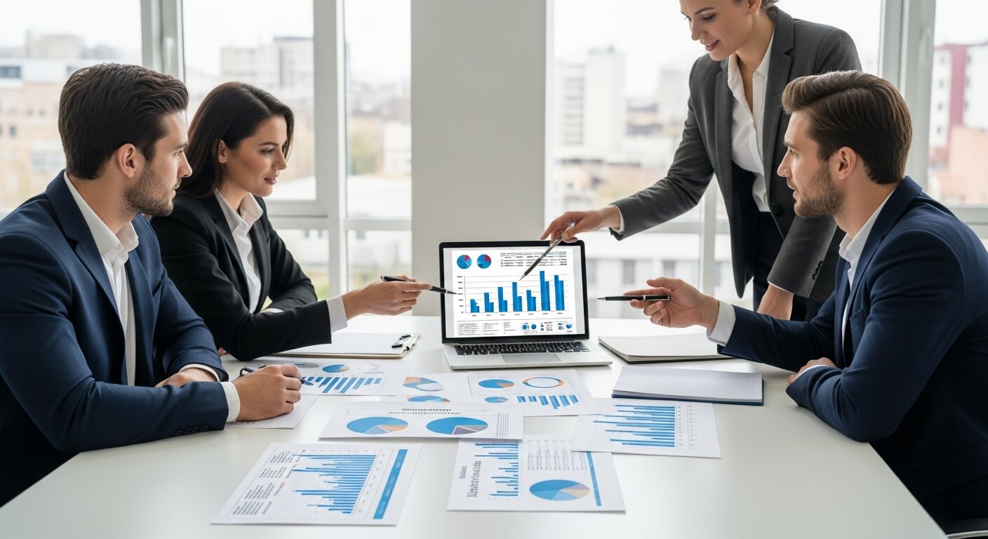 Business team analyzing charts and graphs for TV advertising budget planning