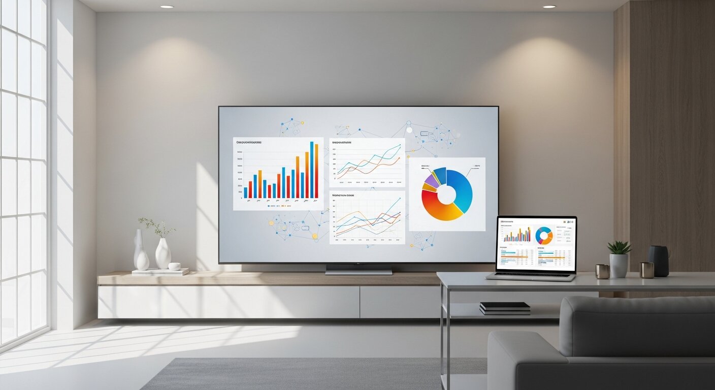 Television displaying ads with analytics on a laptop nearby