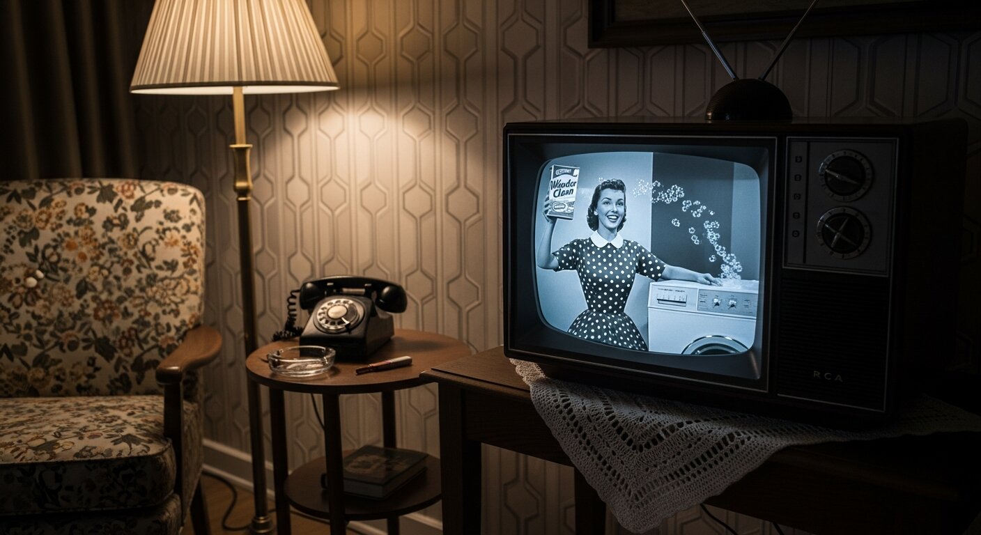 Vintage television showing an early TV commercial.