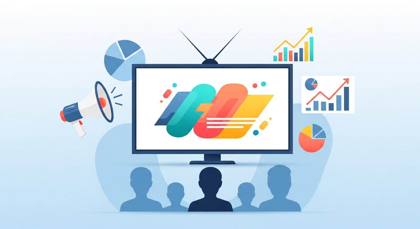TV screen with ad and marketing icons illustrating television advertising basics.