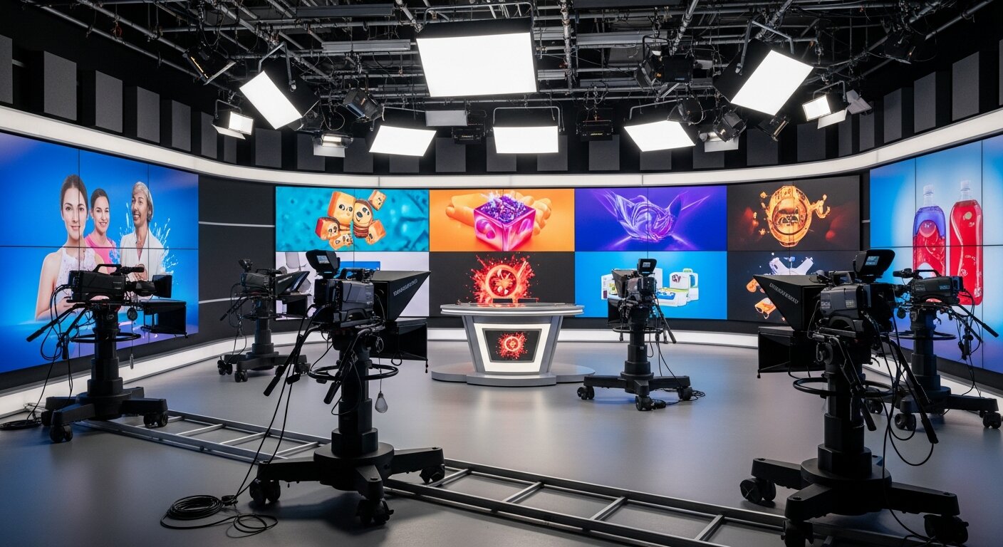Television studio with screens displaying ads and cameras, illustrating TV advertising