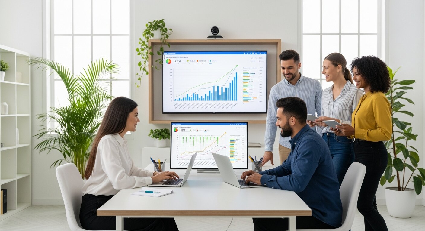 Team reviewing successful TV advertising performance