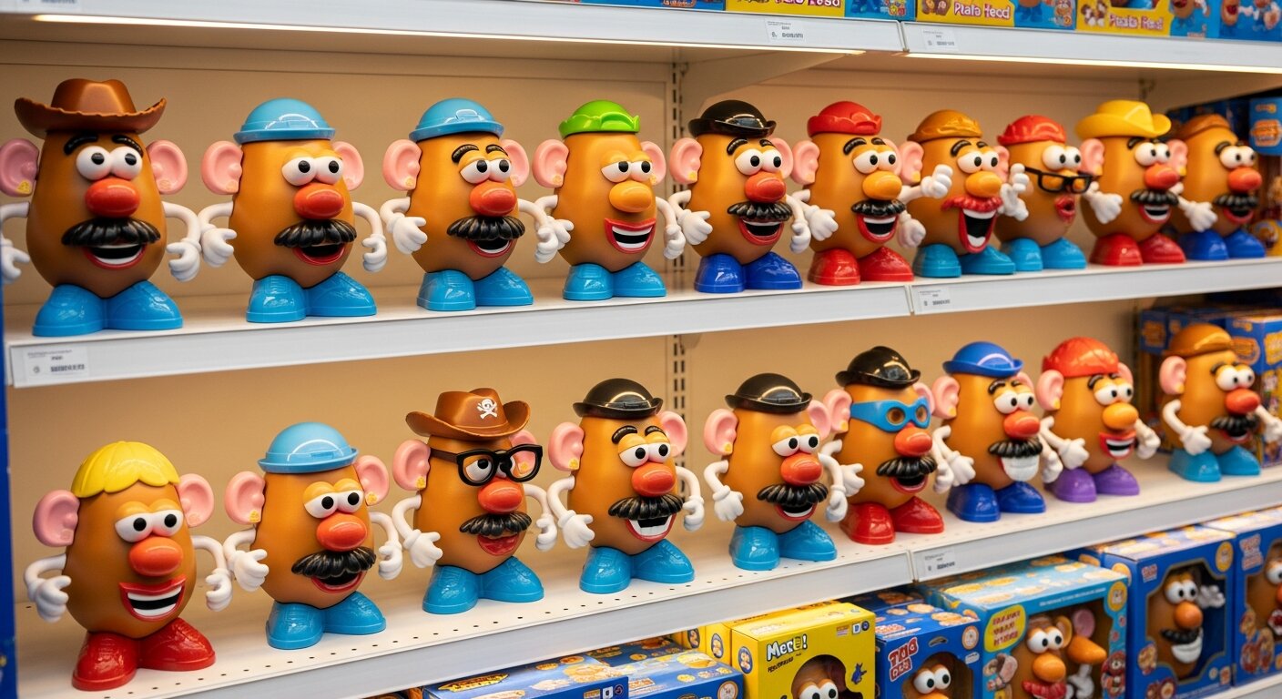 Modern Mr. Potato Head toys displayed in a store.