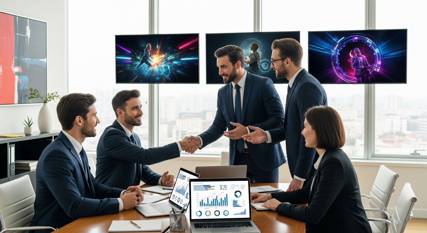 Professionals collaborating with television advertising partners on campaigns