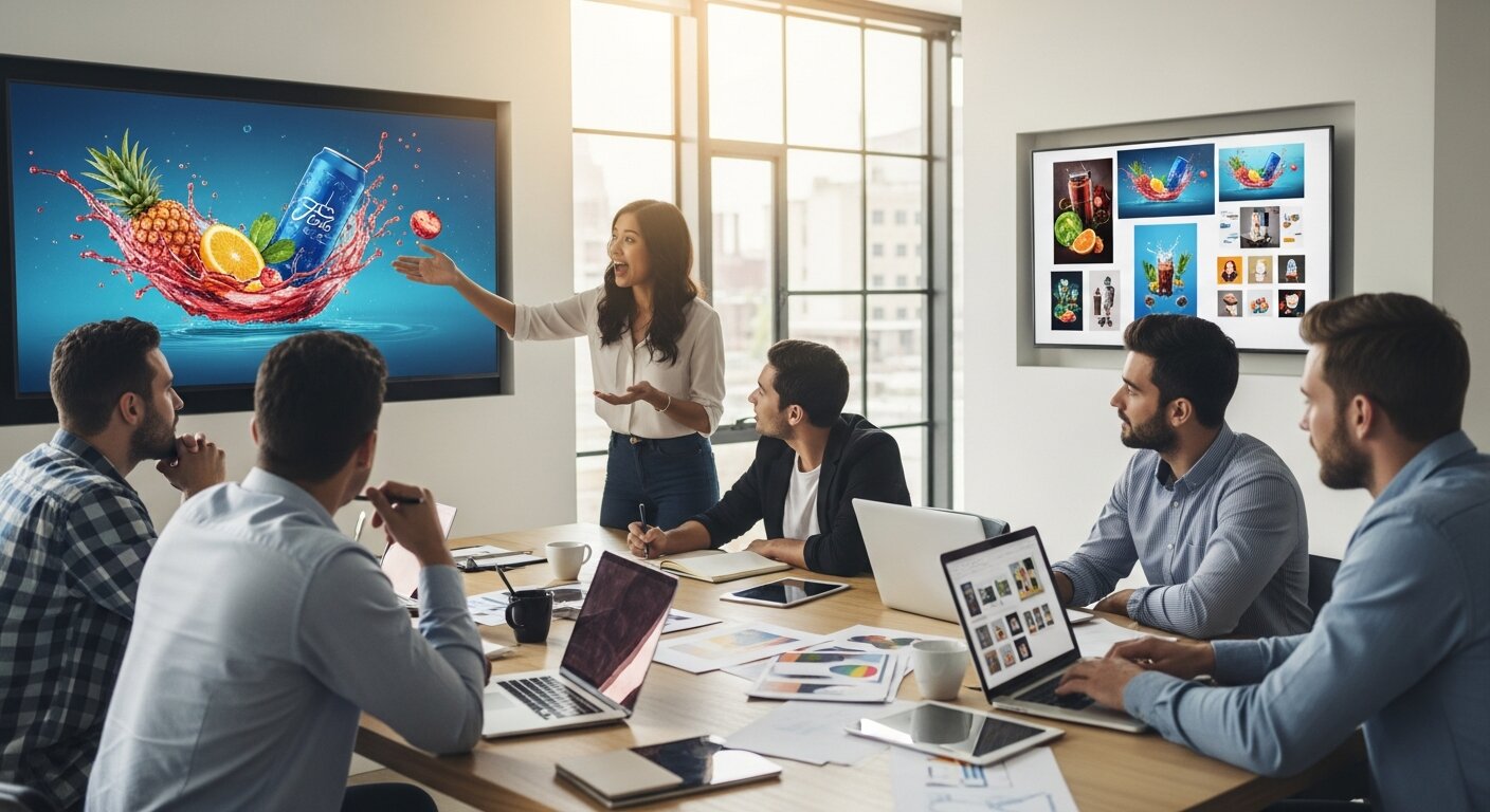 Marketing team planning a TV ad campaign for digital impact.