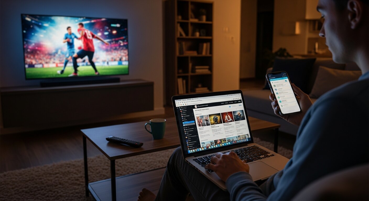 Viewer using multiple devices while watching TV, showing TV driving online engagement.