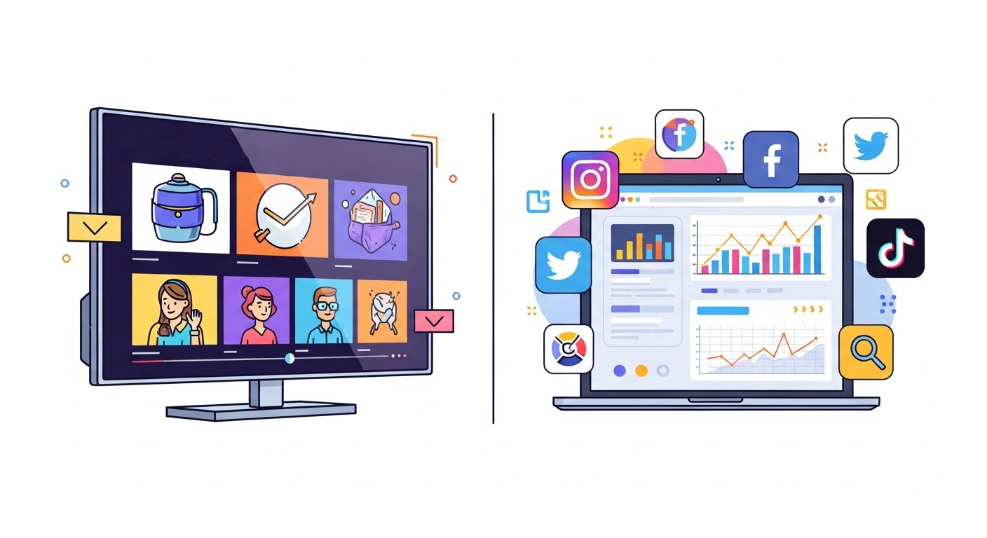 Visual representation of TV and digital marketing working together.