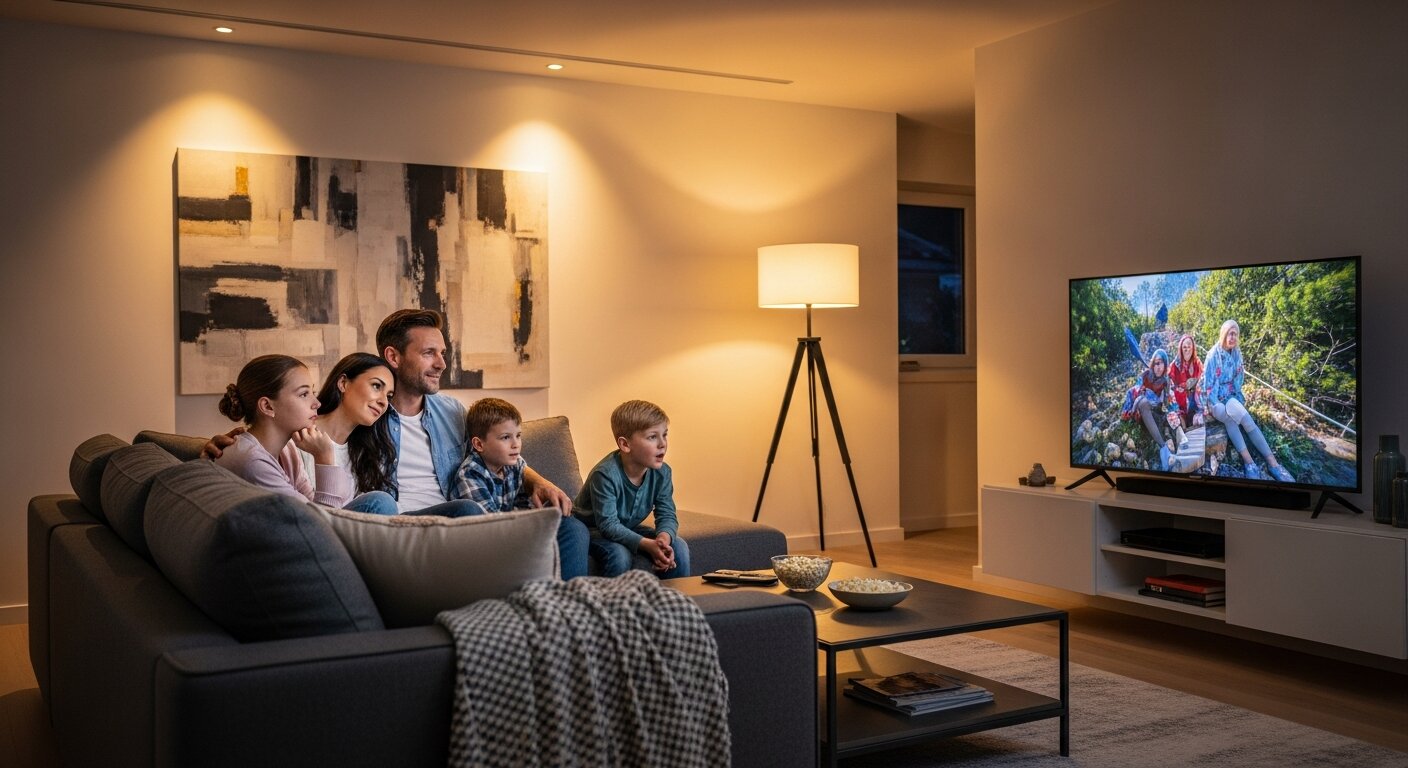 Family watching TV, illustrating brand awareness through television.