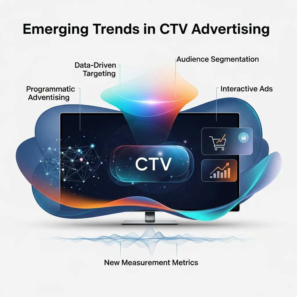 Connected TV (CTV) advertising concept showing modern streaming platforms, audience targeting, and emerging digital trends