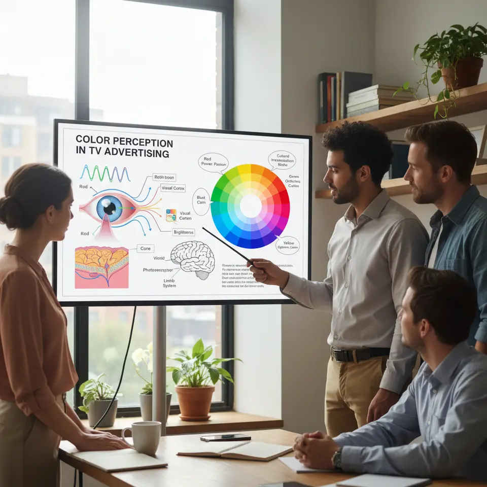 A detailed infographic showing the science of color perception in TV advertising: light wavelengths entering the eye, photoreceptor cells in the retina, neural pathways to the visual cortex and limbic system, overlaid with a color wheel illustrating hue, saturation, brightness and cultural interpretation notes.