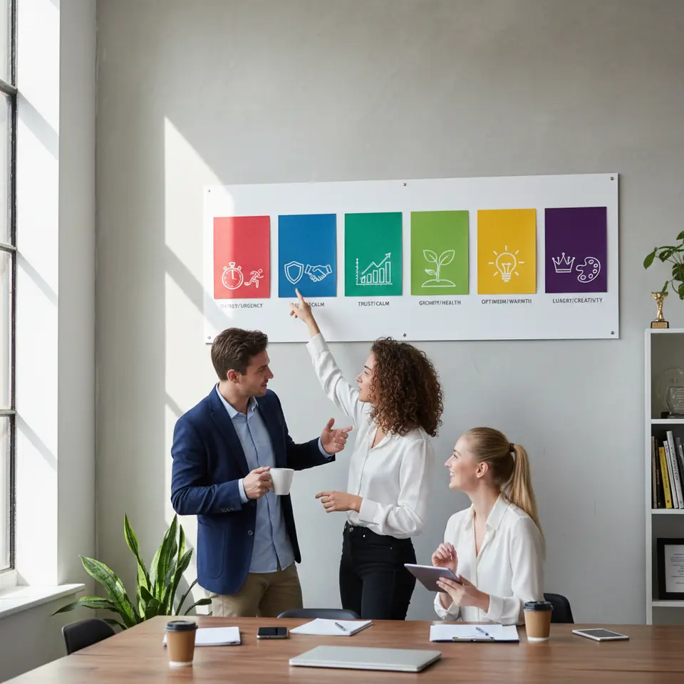 A vibrant chart of five TV-ad color swatches—red (energy/urgency), blue (trust/calm), green (growth/health), yellow (optimism/warmth), purple (luxury/creativity)—each paired with a simple icon or mini–ad mockup to visualize how these hues evoke specific emotions on screen.