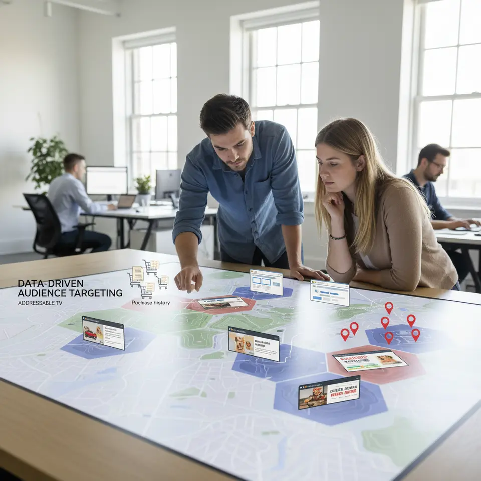 Data-driven Audience Targeting: A stylized map of overlapping zip-code polygons, each containing TV screens playing different ads. Overlay icons represent household-level data—shopping carts for purchase history, browser windows for online engagement, and pinpoint markers for geo-targeting—illustrating how addressable TV delivers custom creative to specific viewer clusters.