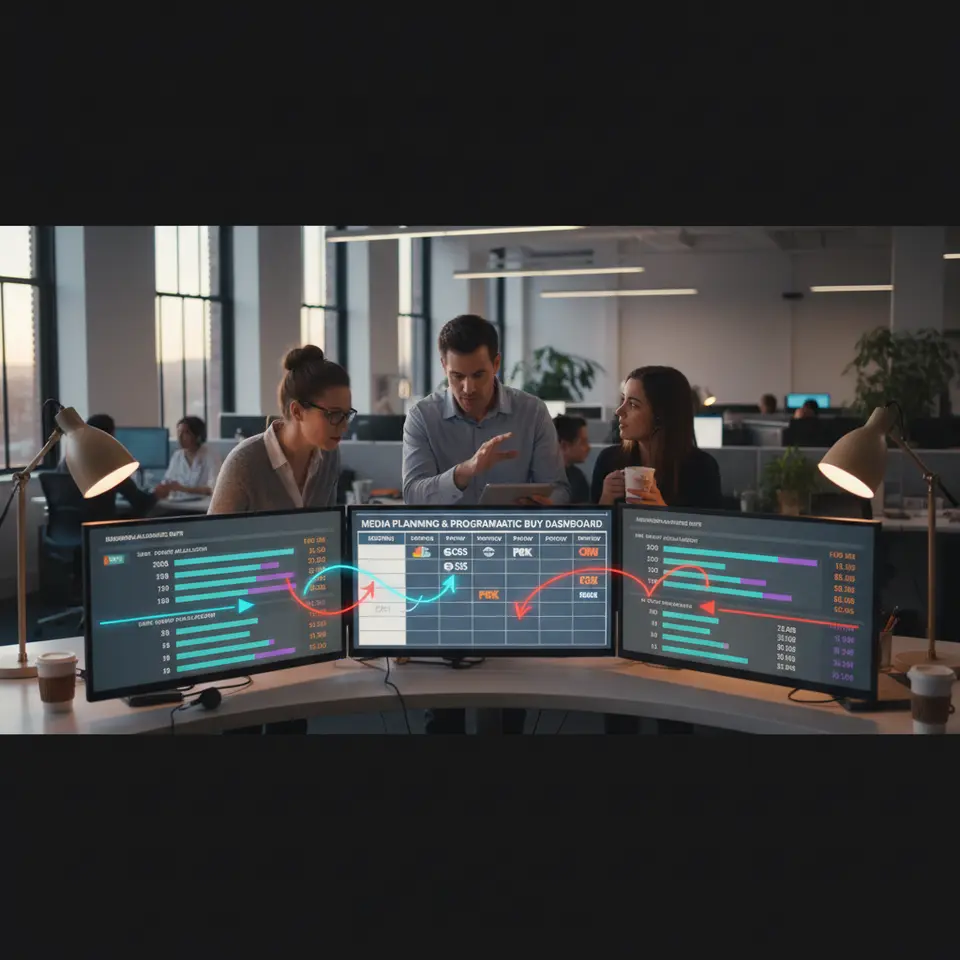 Media Planning & Programmatic Buy Dashboard: A slick control-room interface showing a calendar grid split into dayparts (morning, daytime, prime time, late night) with network logos in each slot. Budget bars and color-coded CPM rates sit beside them, and dynamic arrows highlight reactive programmatic buys—real-time reallocations that boost high-performing slots and throttle underperformers.