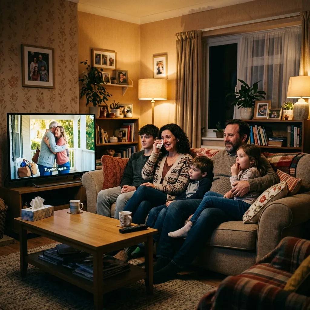 Emotional television advertisement scene featuring cinematic visuals, music, and audience engagement.