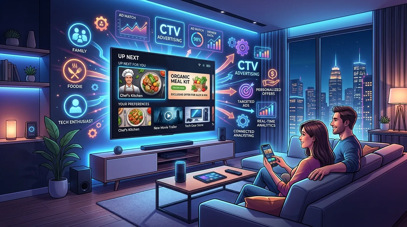 Smart TV streaming interface showing personalized ads across connected devices, illustrating the shift toward CTV, OTT platforms, and targeted interactive advertising experiences.