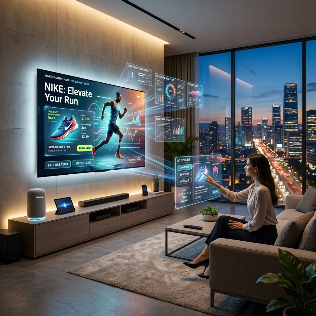 Smart TV streaming interface displaying interactive connected TV advertisement with modern digital marketing features