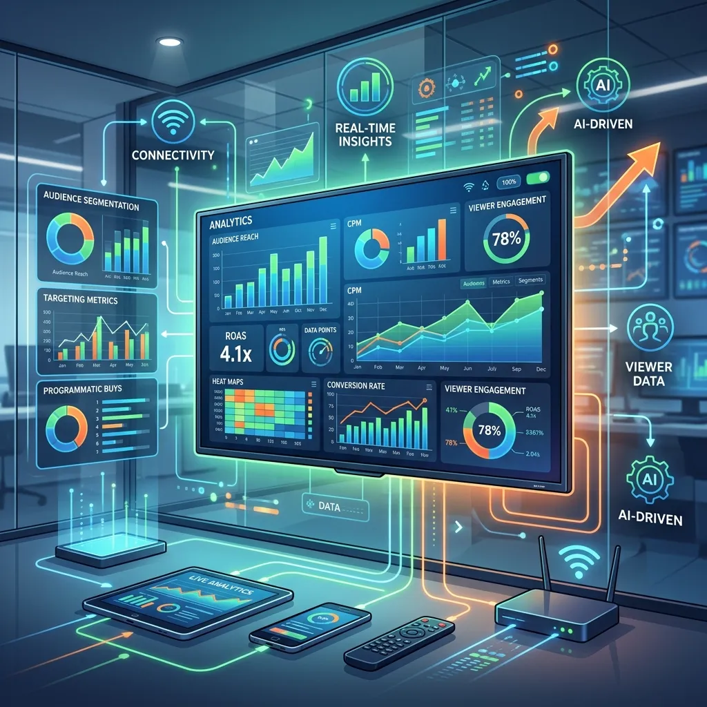 Digital dashboard showing connected TV advertising analytics, audience targeting, and campaign performance metrics.