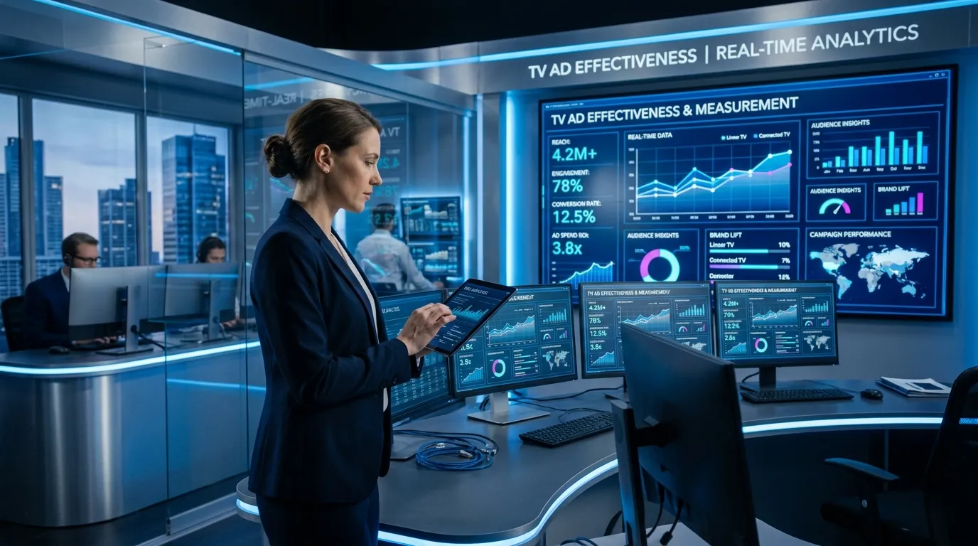Digital analytics dashboard displaying TV campaign performance metrics, audience reach graphs, and cross-platform attribution data connecting television ads with online user behavior.
