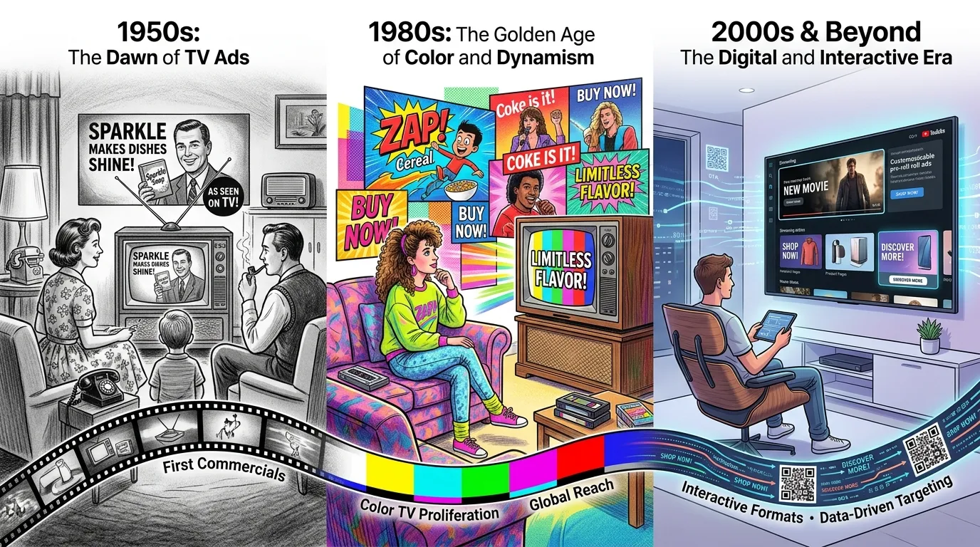 Early black-and-white television set showing a classic broadcast advertisement, representing the beginning of TV advertising history and its growth into a global marketing channel.