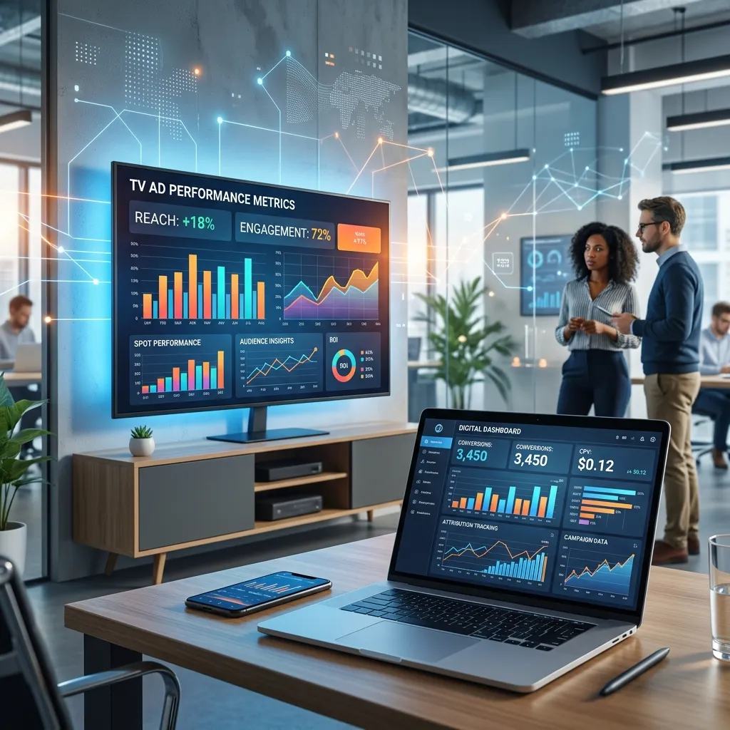 Marketing dashboard showing TV ad performance analytics, charts, and cross-platform data insights on a computer screen