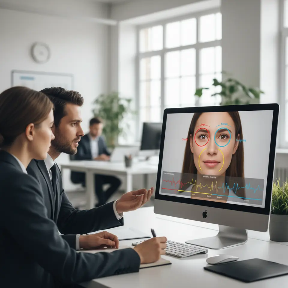 Facial Coding Analysis: A close-up of a viewer’s face on a screen with computer-vision overlays highlighting micro-expressions—smiles, frowns, surprise—annotated with emotion labels and a timeline chart showing real-time emotion intensity.