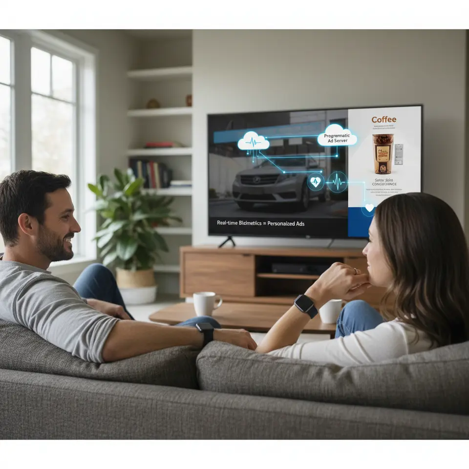 Programmatic TV Integration: A living room scene with a TV dynamically swapping ad creatives mid-broadcast, connected via cloud icons to a server, while wearable biometric sensors (smartwatch, wristband) feed heart-rate and skin-conductance data into the programmatic ad platform.