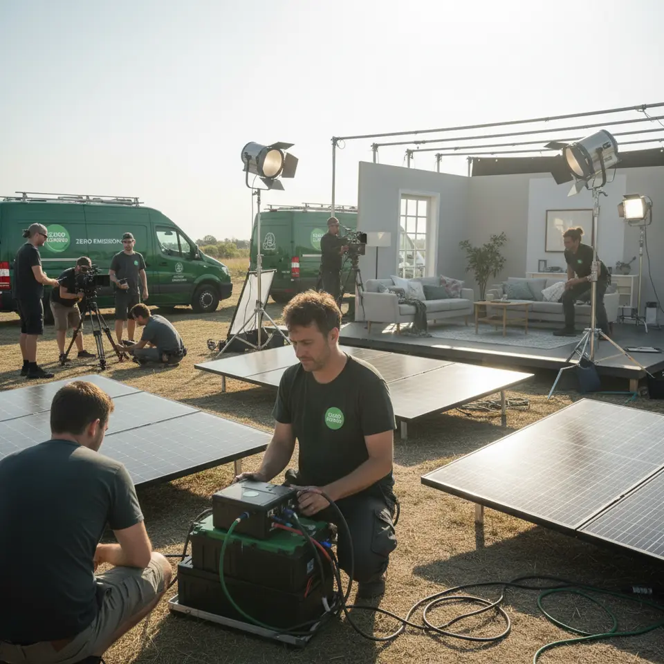 Harnessing Renewable Energy on a TV Commercial Set: a behind-the-scenes film shoot powered by solar panels feeding portable battery packs, energy-efficient LED lights, electric crew vans in the background, and crew members wearing eco-certification badges as they set up cameras and equipment under a bright sky