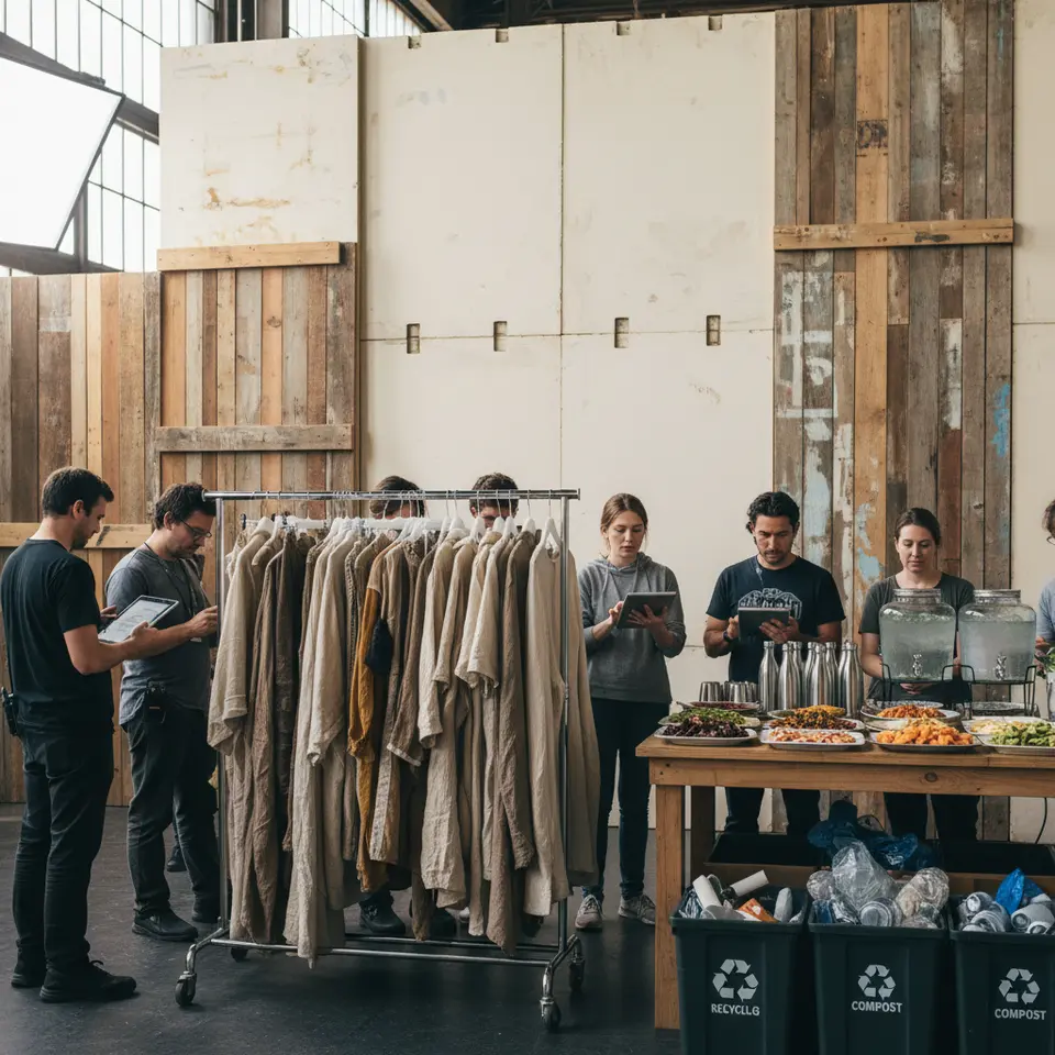 Minimizing Waste with Sustainable Materials on Set: a modular TV-ad set built from recycled wood and reusable panels, wardrobe racks displaying organic-fabric costumes, crew reviewing scripts on tablets instead of paper, a compostable catering station with locally sourced food and reusable water refill bottles, plus clearly labeled recycling and compost bins