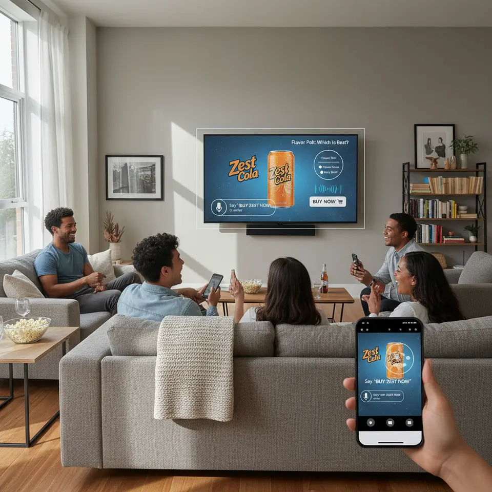 A living room scene centered on a smart TV screen illustrating the Core Features of Interactive TV Advertising: visible on-screen clickable call-to-action buttons, a microphone icon with voice command prompts, a smartphone second-screen mirroring the TV content, floating product tags labeled 'Buy Now' for shoppable overlays, and a live poll pop-up with voting options, all integrated seamlessly in one cohesive visual.
