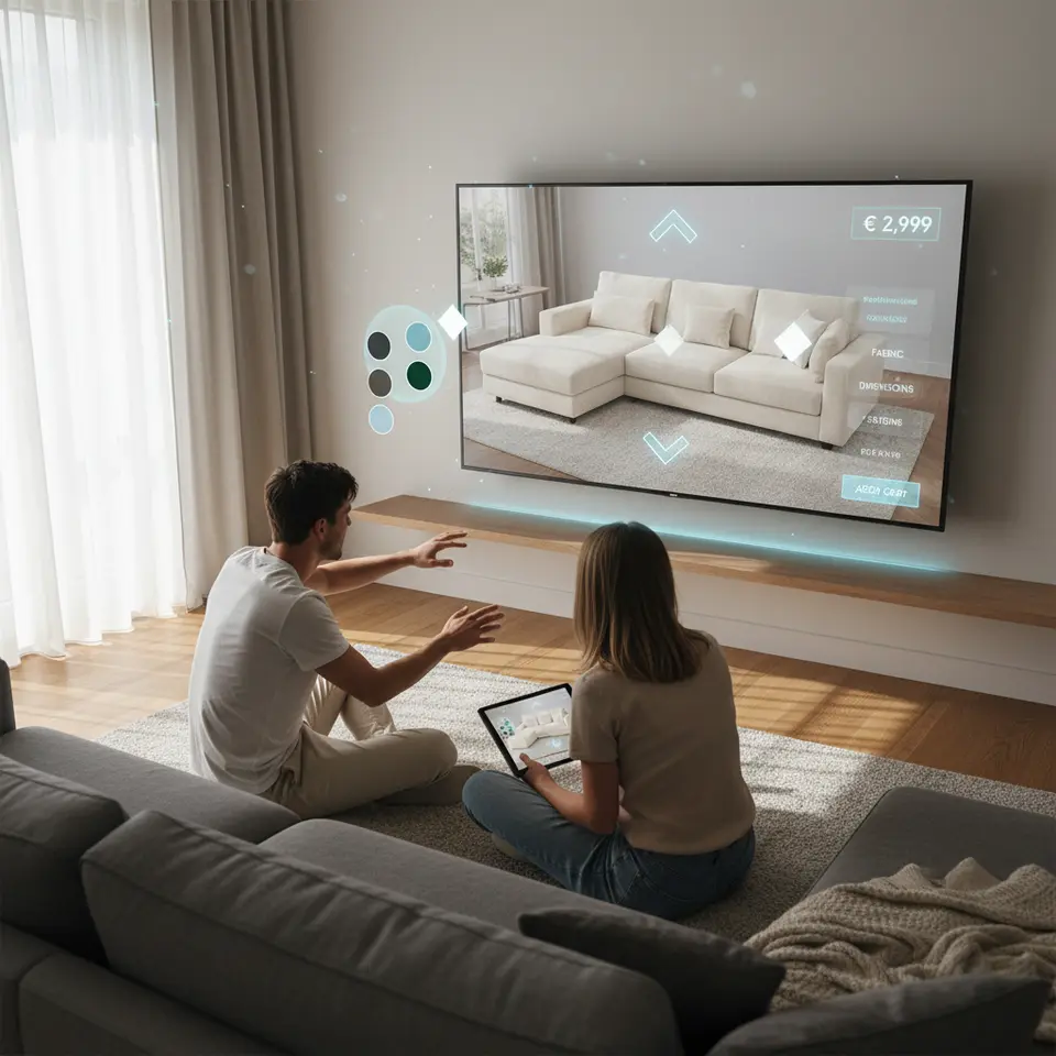 An immersive augmented reality advertising scenario showing a modern living room where a smart TV projects a life-sized 3D sofa into the space: viewers can rotate the sofa, switch color swatches, and see floating interactive handles and product details (price, add-to-cart button) around the model, highlighting AR overlays in interactive TV ads.