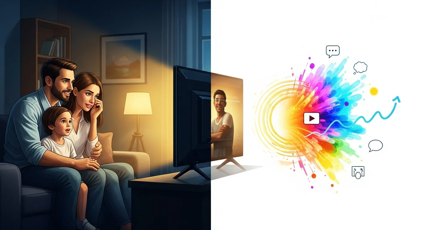 Emotional television commercial scene showing happy family interaction and strong brand messaging.