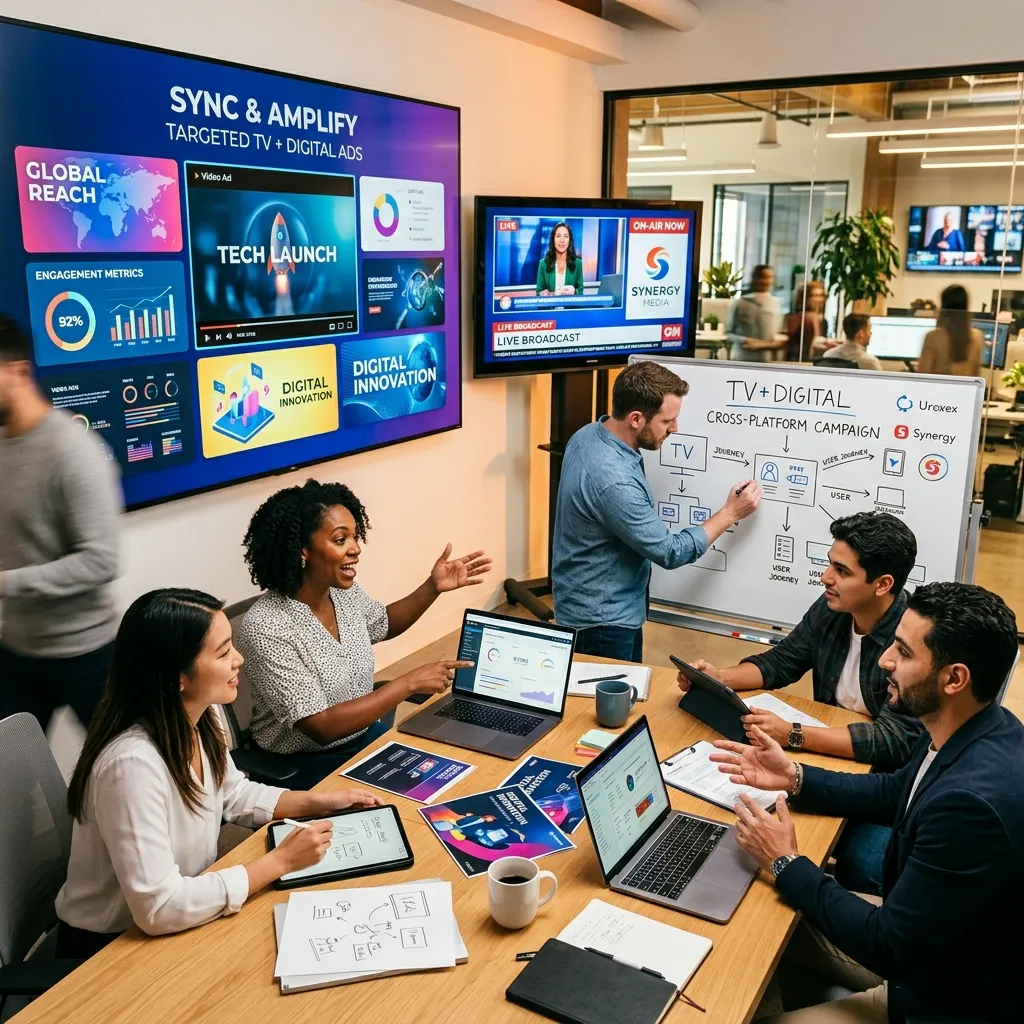 Connected TV and digital marketing integration showing television ads, smartphone engagement, and campaign analytics.