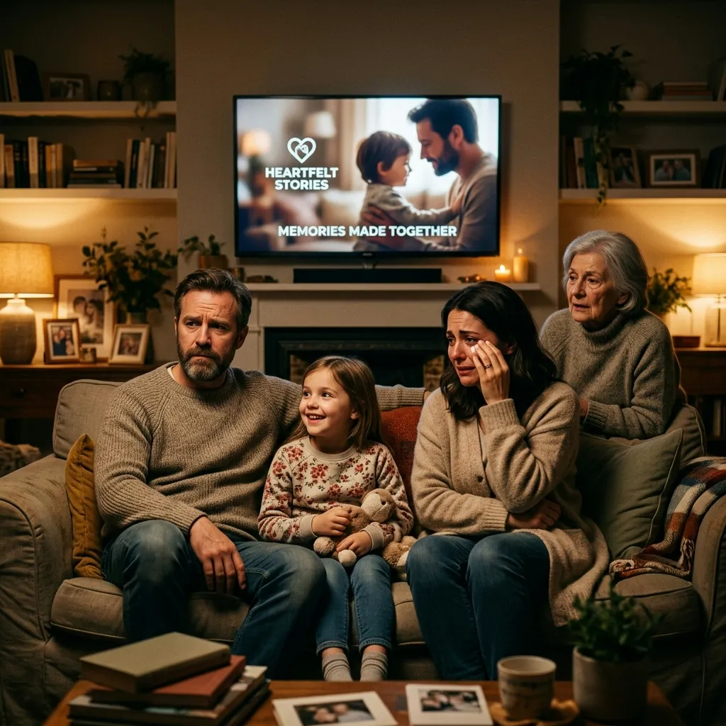 Family watching an emotional television commercial that highlights brand storytelling and audience engagement.